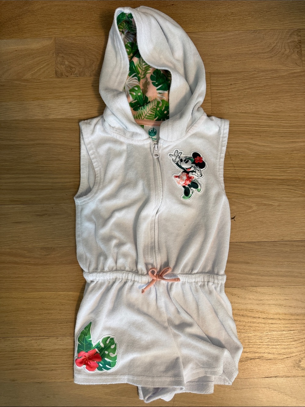 Disney White Hooded Minnie Swim Beach Coverup with Pink and Green Accents
